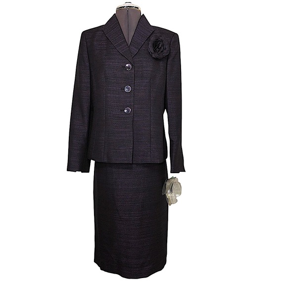 Le Suit Polyester Purple Black Metallic 2PC Skirt Suit Stand Up Collar 8P